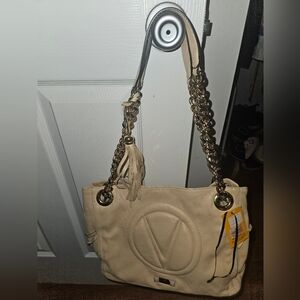Elegant Cream Handbag with Chain Straps.VALENTINO